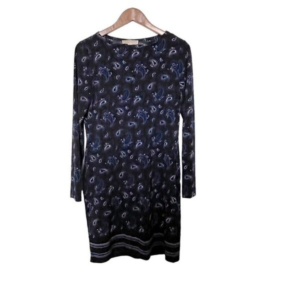 Michael Kors Long Sleeve Sheath Dress w/ Paisley Print & Striped Hemline. Size M